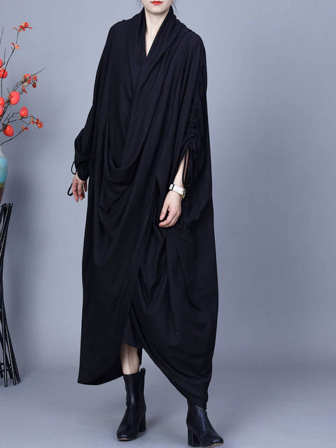 Women Vintagte Spring Drawstring Irregular Solid Dress