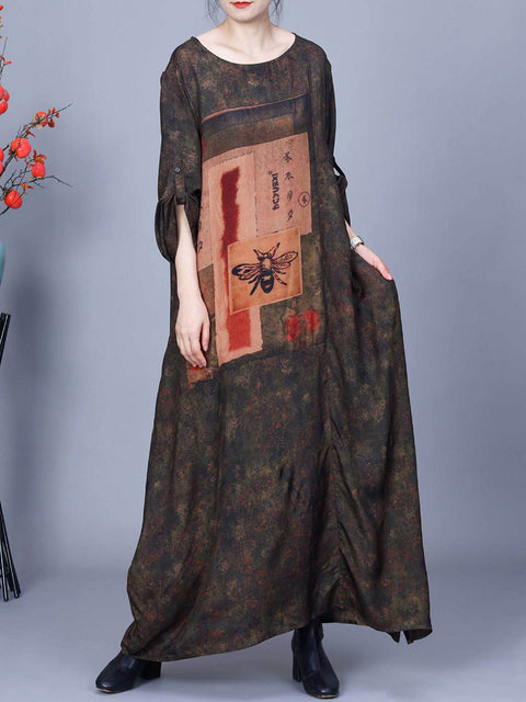 Women Spring Vintage Spliced Print Loose Dress