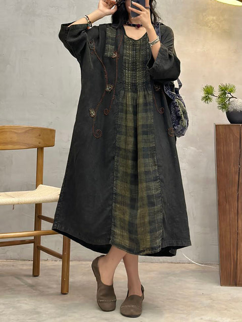 Women Spring Vintage Plaid Spliced Shirred Linen Dress