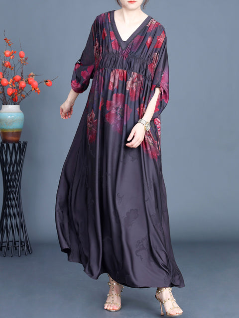 Women Spring Flower V-Neck Shirred Maxi Dress