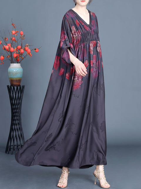 Women Spring Flower V-Neck Shirred Maxi Dress