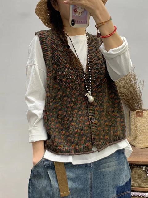 Women Spring Floral Artsy V-Neck Knitted Vest