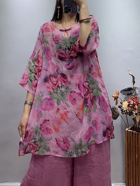 Plus Size Women Vintage Flower Summer Loose Ramie Shirt