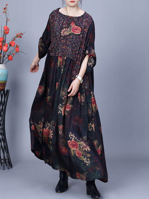 Women Vintage Floral Spliced Spring Loose Dress