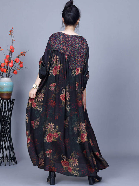 Women Vintage Floral Spliced Spring Loose Dress