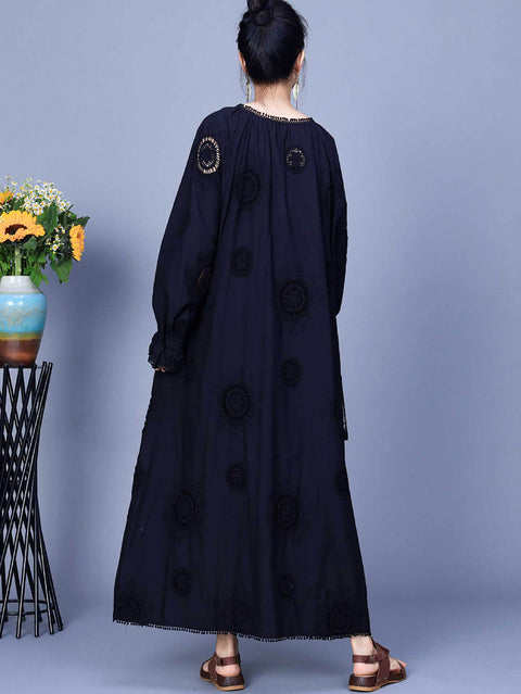 Women Artsy Spring Solid Embroidery Cotton Maxi Dress