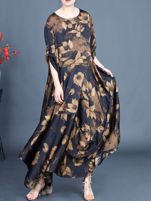 Women Summer Vintage Flower Irregular Hem Loose Dress