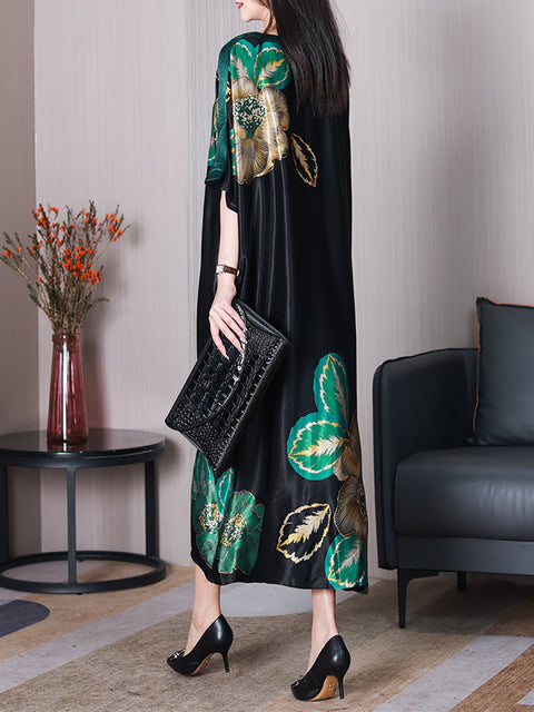 Women Summer Elegant Flower Silk Loose Dress