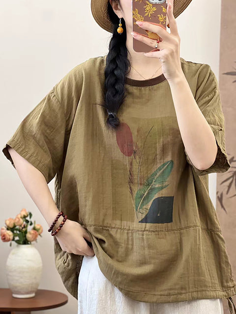 Women Summer Cotton Summer Feather Print Shirt