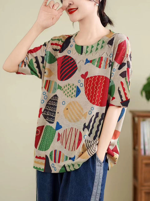 Women Summer Vintage Print Cutout O-Neck Shirt