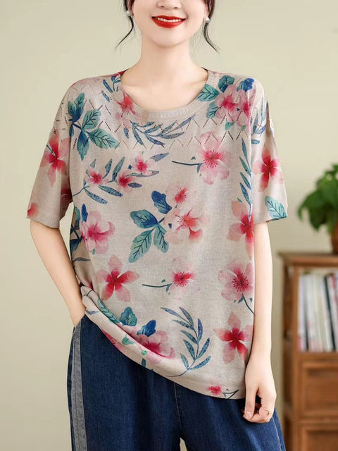 Women Summer Vintage Print Cutout O-Neck Shirt