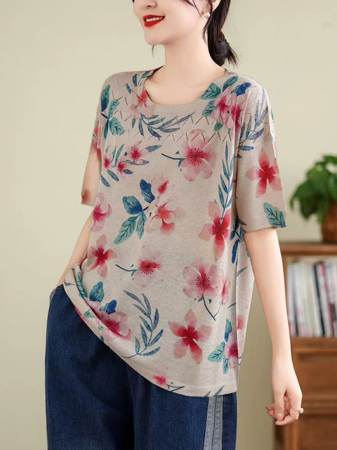 Women Summer Vintage Print Cutout O-Neck Shirt