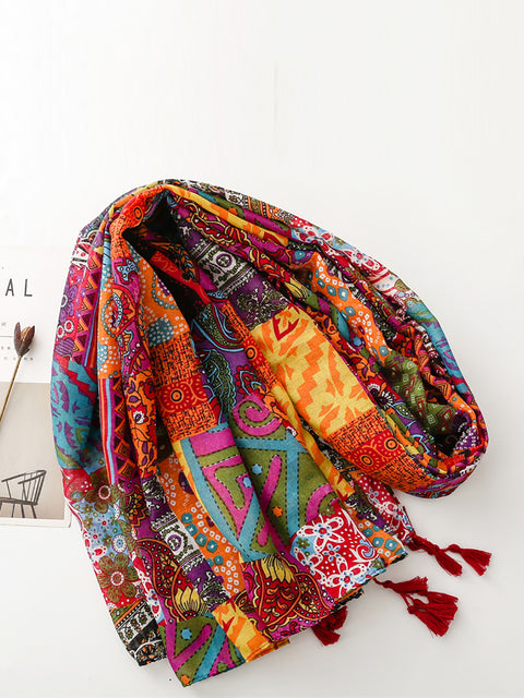 Women Summer Vintage Spliced Tassel Shawl Scarf