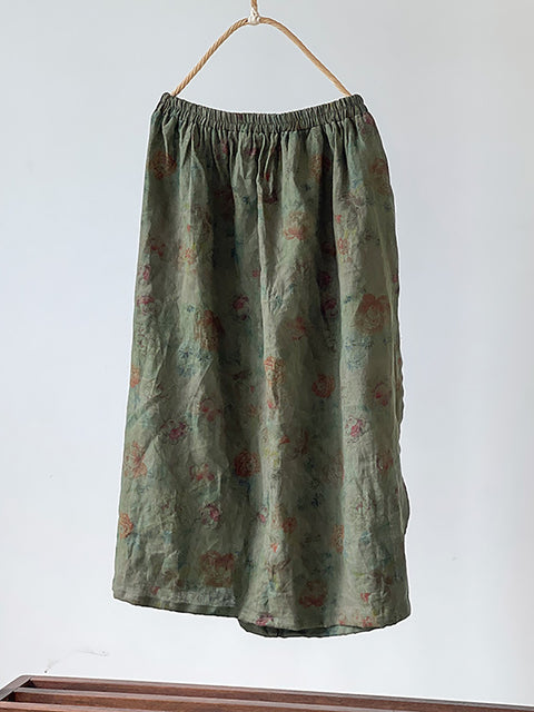 Women Summer Vintage Flower Loose Linen Skirt