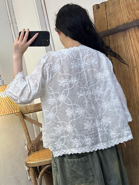 Women Summer Vintage Flower Embroidery Shirt