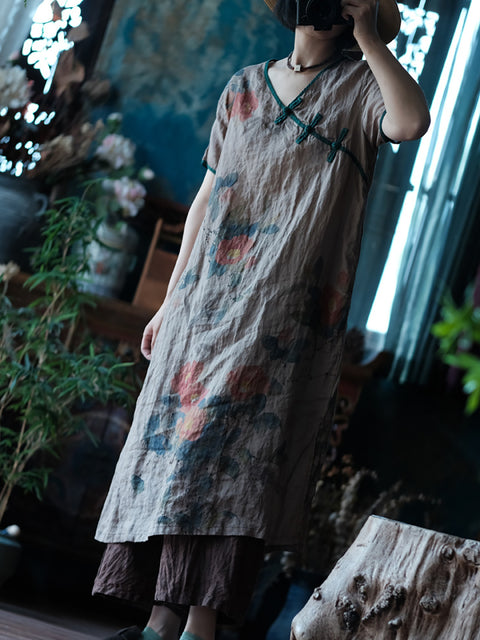 Women Ethnic Summer Flower Print Buckle Linen Dress