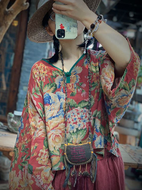 Women Summer Vintage Flower V-Neck Loose Cotton Shirt