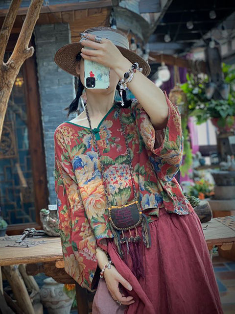 Women Summer Vintage Flower V-Neck Loose Cotton Shirt