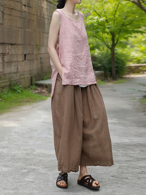 Women Vintage Solid Artsy Cotton Straight Pants