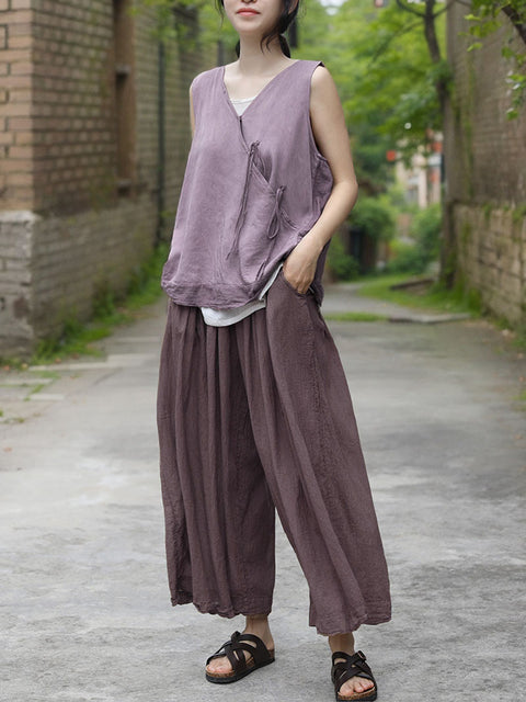 Women Vintage Solid Artsy Cotton Straight Pants