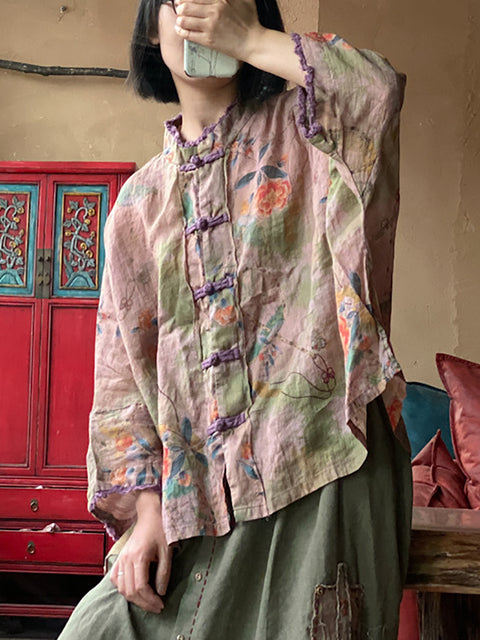 Women Summer Ethnic Flower Button Linen Shirt