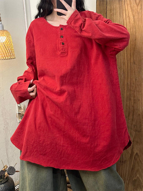 Women Autumn Casual Solid Loose Long Cotton Shirt