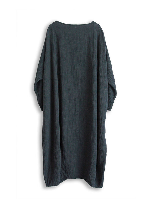 Women Casual Autumn Solid O-Neck Cotton Linen Dress