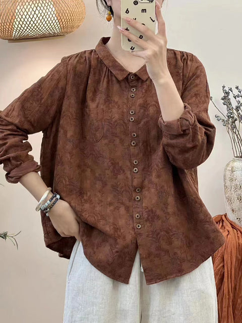 Women Vintage Autumn Flower Button-up Cotton Blouse