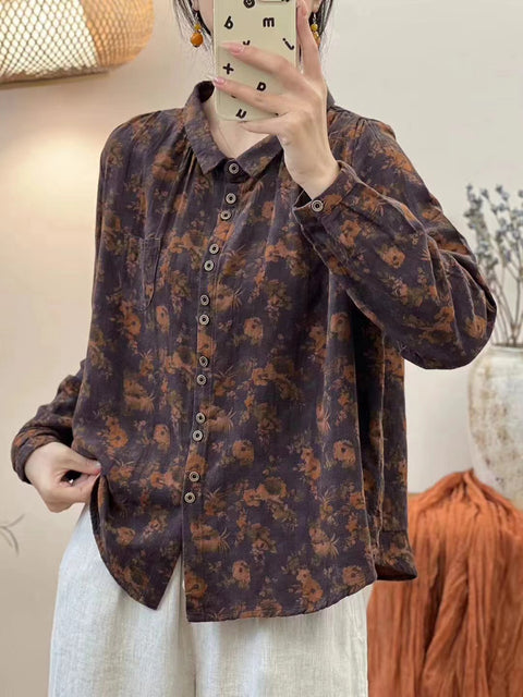 Women Vintage Autumn Flower Button-up Cotton Blouse