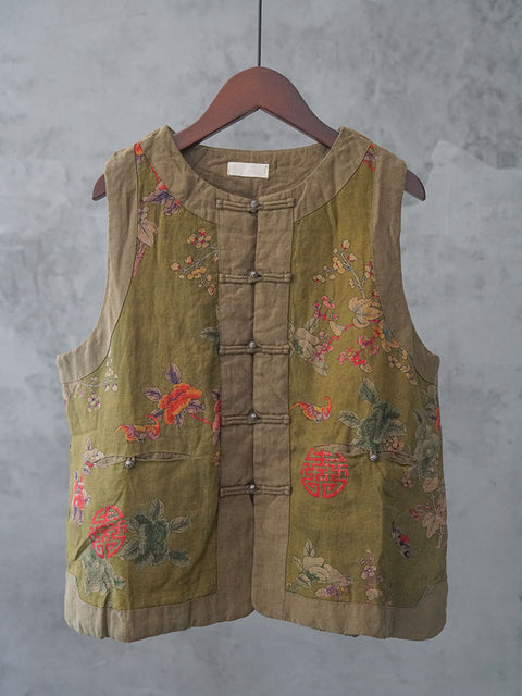 Women Autumn Ethnic Flower Colorblock O-Neck Linen Vest