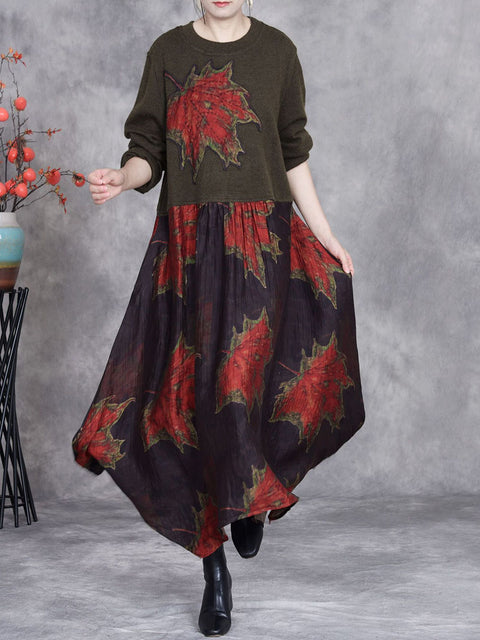 Women Autumn Maple Leaf Irregular Hem O-Neck Loose Dress