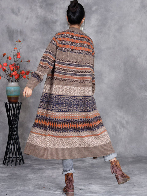 Women Vintage Autumn Stripe Button Wool Cardigan Coat