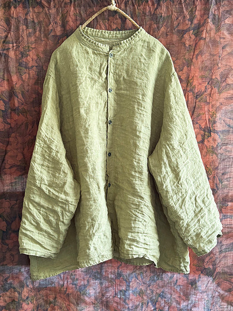 Women Autumn Vintage Button-up Solid Linen Shirt