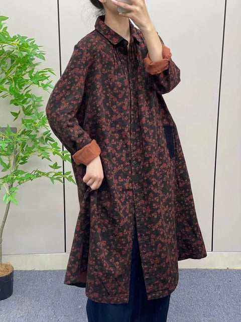 Women Autumn Vintage Flower Button-up Long Shirt