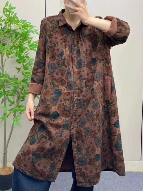 Women Autumn Vintage Flower Button-up Cotton Linen Long Shirt