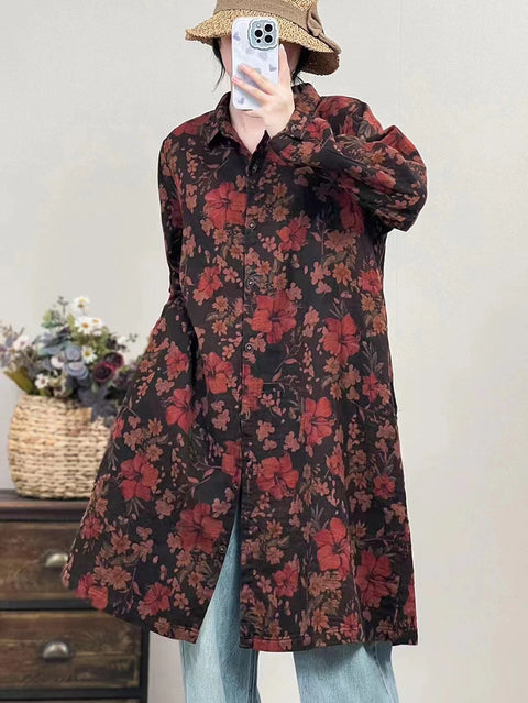 Women Autumn Vintage Flower Button-up Long Shirt