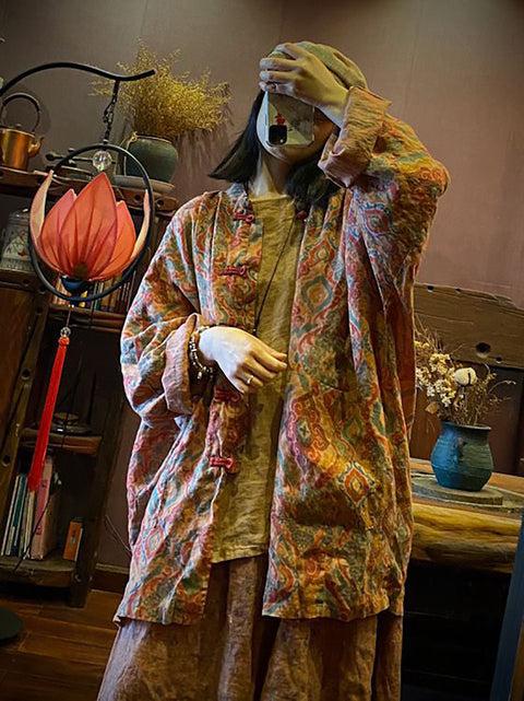 Women Vintage Autumn Print 100%Linen Button-up Coat