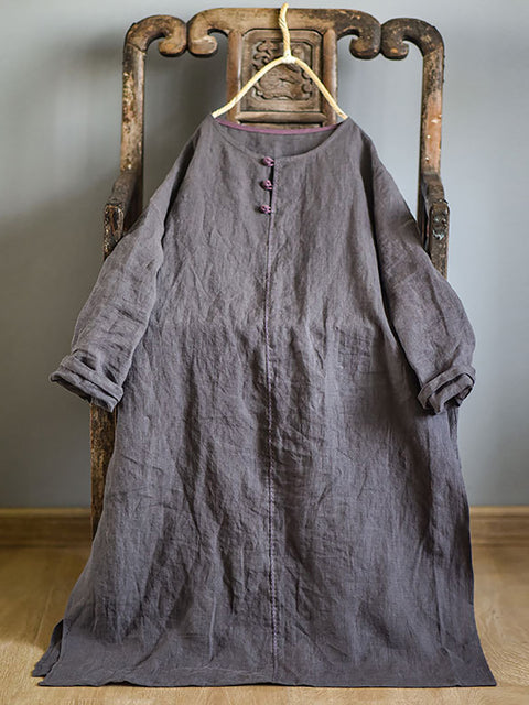 Women Vintage Autumn Solid O-Neck Buckle Linen Dress