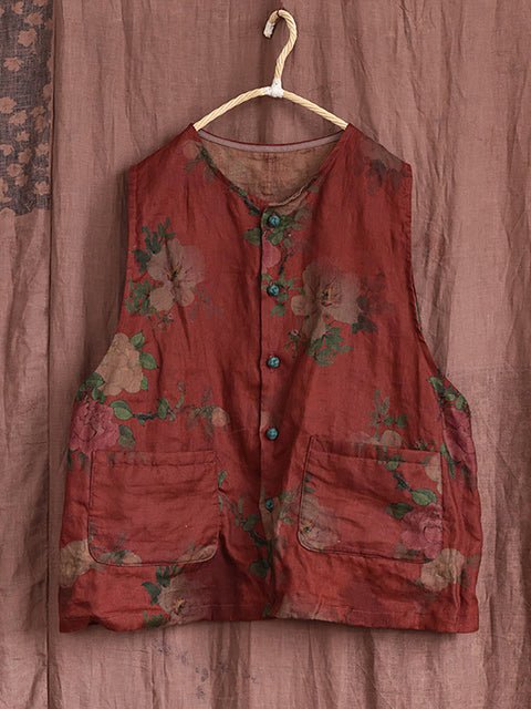 Women Vintage Flower O-Neck Thin Linen Vest