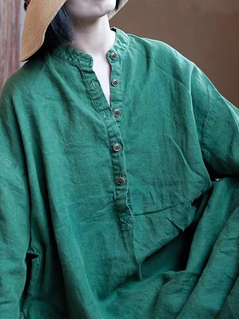 Women Autumn Vintage Green O-Neck Linen Robe Dress