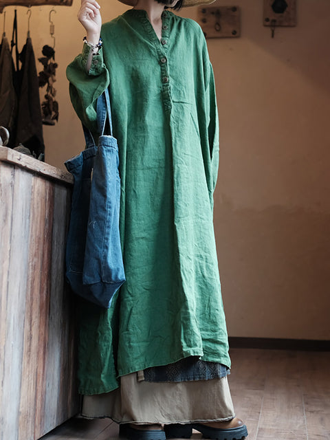 Women Autumn Vintage Green O-Neck Linen Robe Dress