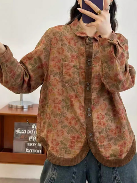 Women Autumn Flower Corduroy Spliced Button-up Shirt