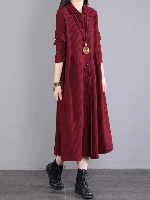 Plus Size Women Autumn Commute Solid Button Loose Dress