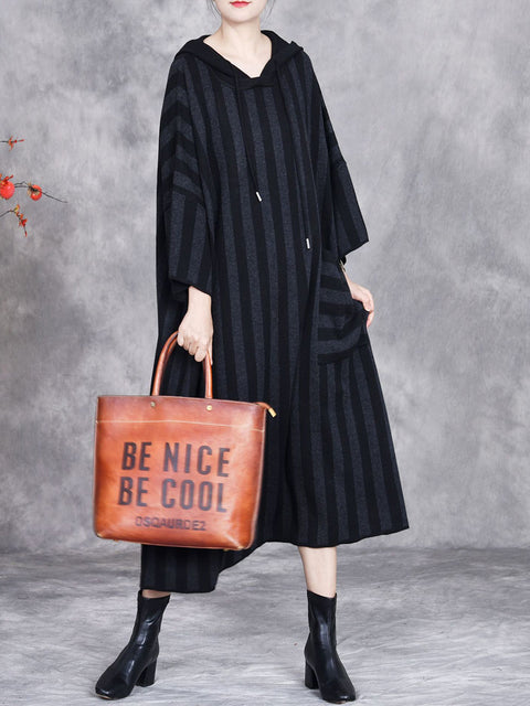 Women Autumn Artsy Stripe Colorblock Hooded Knit Dress