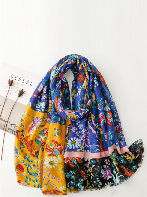 Women Vintage Colorblock Flower Shawl Scarf