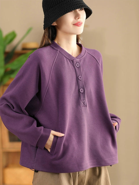 Women Autumn Pure Color Stand Collar Sweatshirt