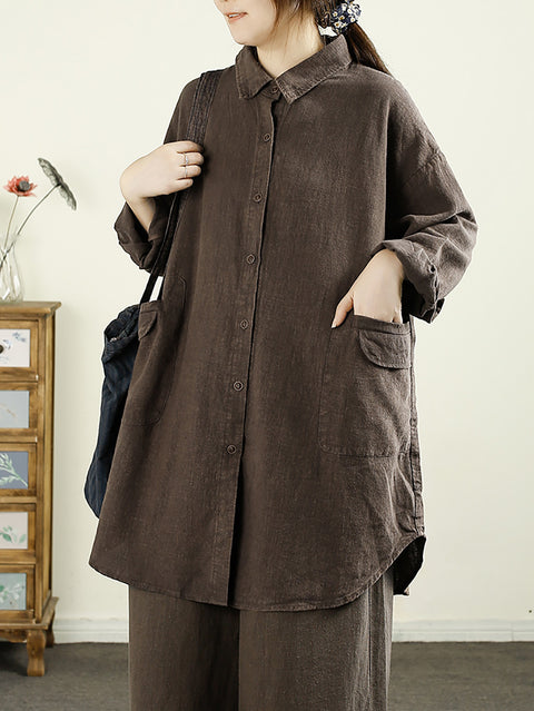 Women Autumn Casual Solid Button-up Linen Shirt