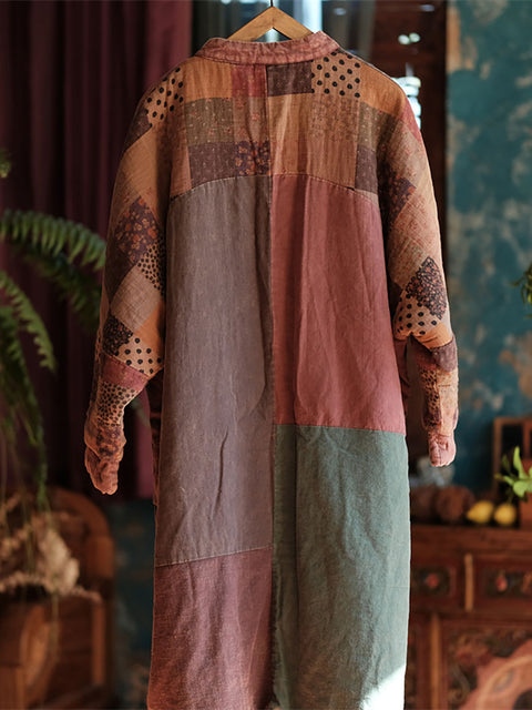 Women Vintage Autumn Patch Spliced Long Cotton Robe Coat