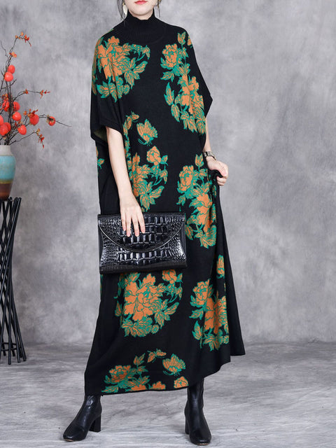 Women Autumn Artsy Flower Short Sleeve Half Turtleneck Knit Dress