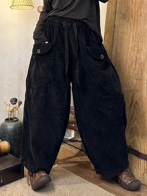 Women Autumn Retro Corduroy Pocket Harem Pants